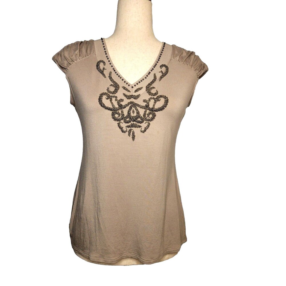 Alfani‎ Beaded Rouched Shoulder Beige Sleeveless Top Small